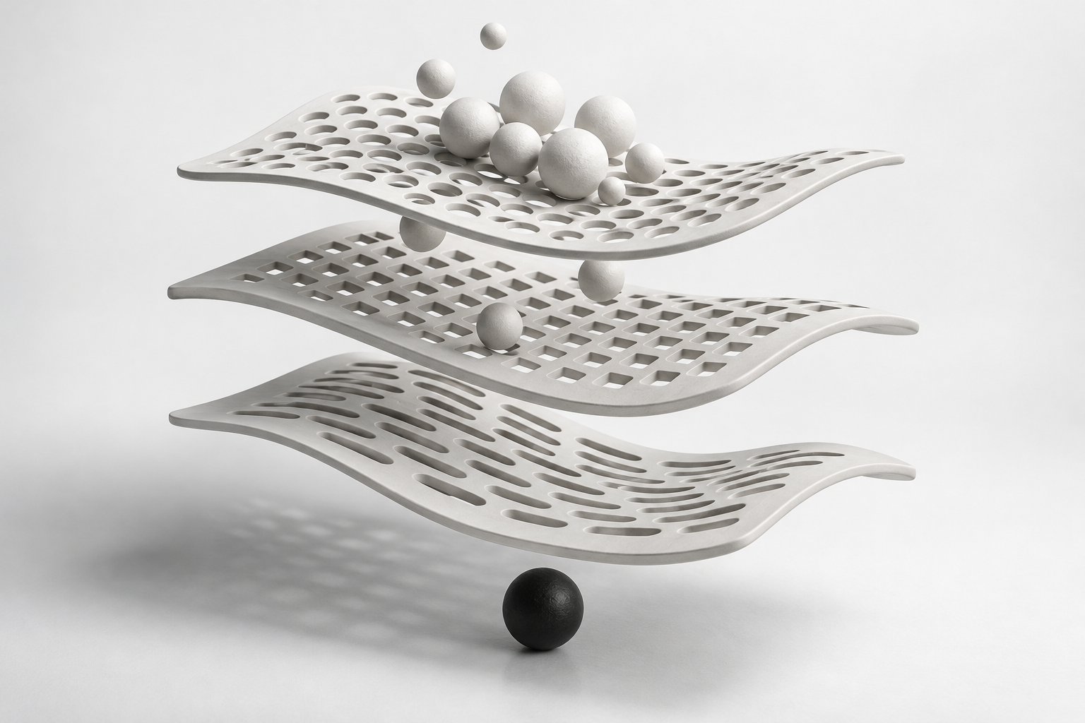 Abstract white spheres passing through three suspended perforated planes, with a single black sphere below.