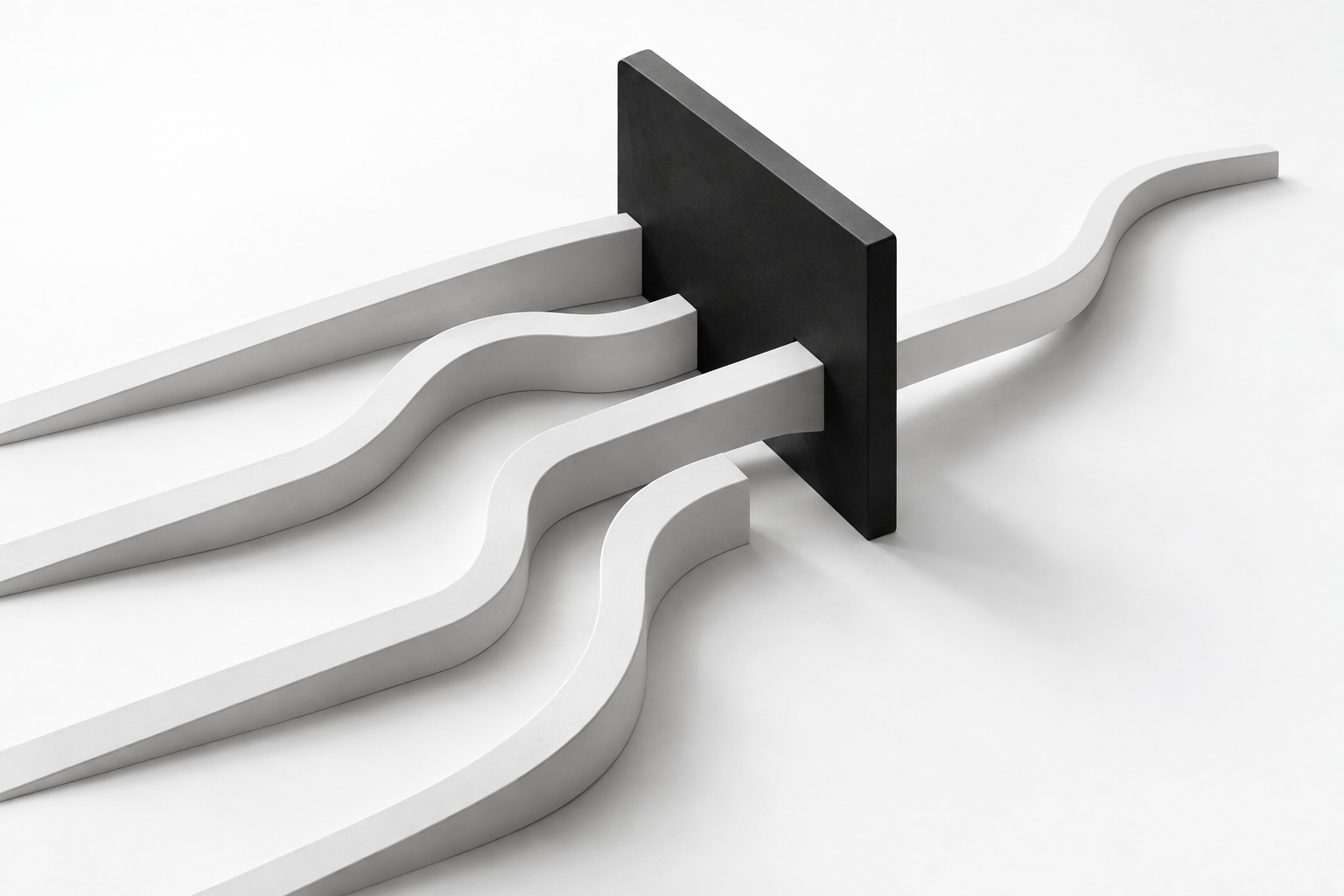 Abstract white sculptural paths interrupted by a matte black plane, with one path continuing beyond it.