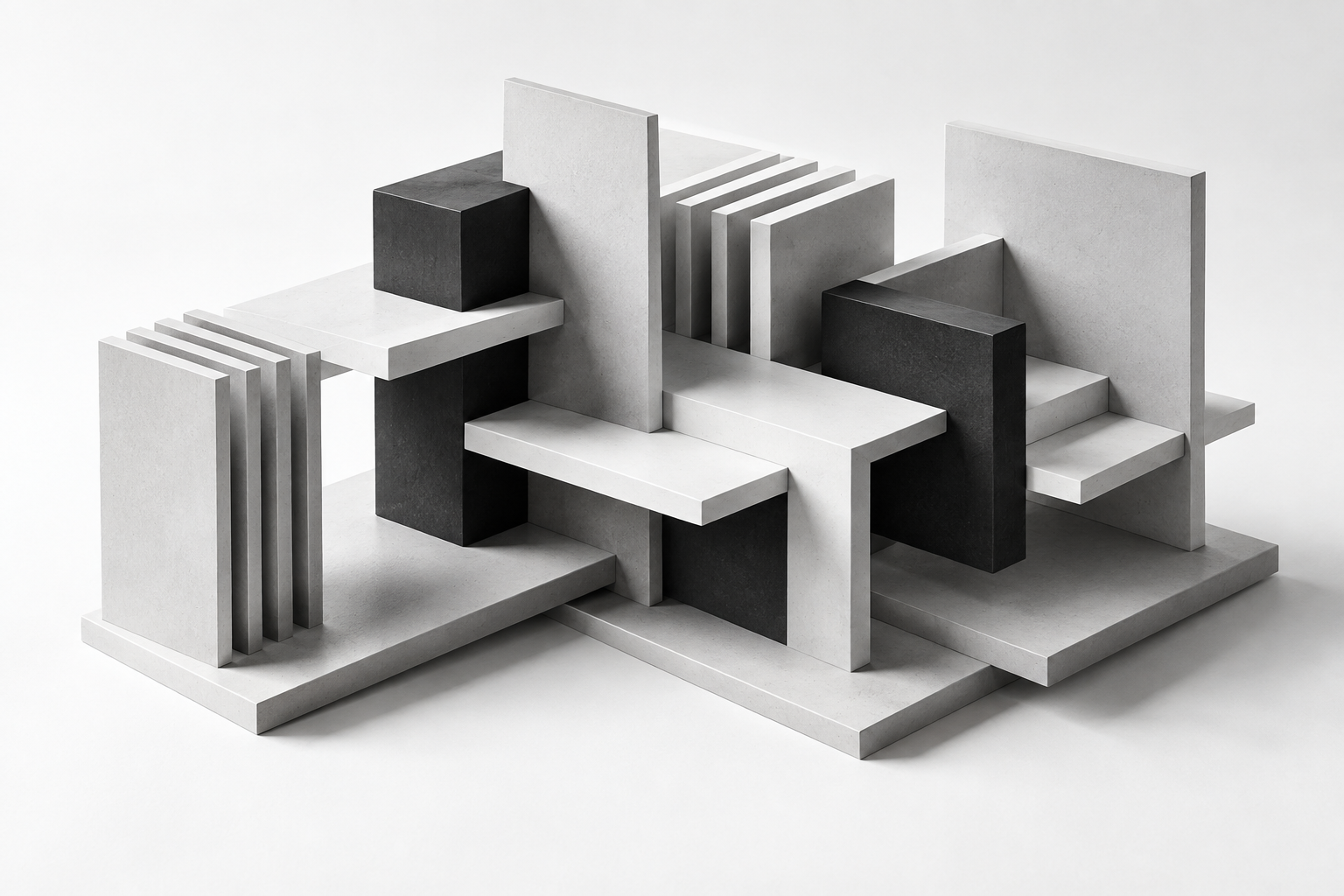 Abstract black-and-white layers of aligned architectural forms.
