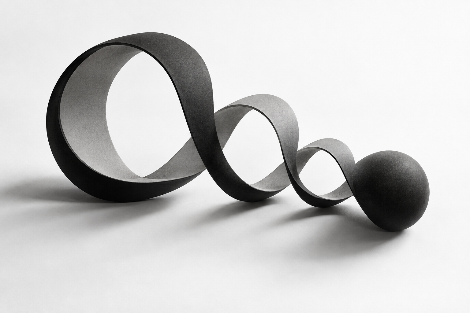 An abstract monochrome ribbon forming a continuous learning loop.
